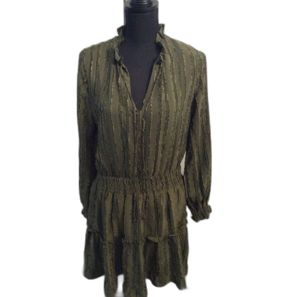 NSR Green V Neck Cottagecore Ruffled Collar Tiered Dress Small S Gathered